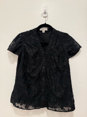 Women’s Black Lace Button Down Top Size Medium Short Sleeve